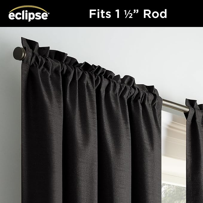 Eclipse Kendall Textured Blackout Thermal Rod Pocket Window Curtain, Insulating & Noise Reducing Curtains for Bedroom or Living Room (1 Panel), 84 in Long x 42 in Wide, Black