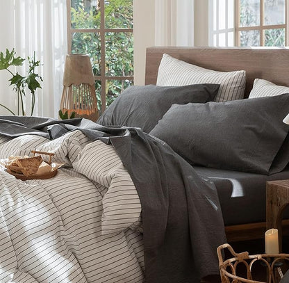 MooMee Bedding Sheet Set 100% Washed Cotton Linen Like Textured Breathable Durable Soft Comfy (Heathered Dark Grey, Twin)
