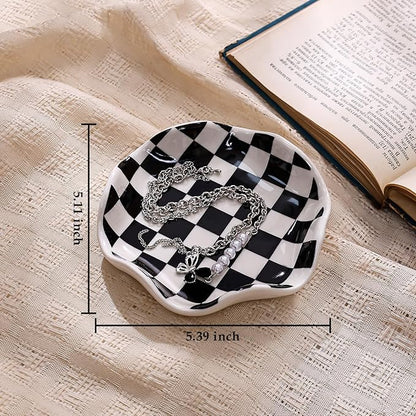 Koythin Ceramic Jewelry Tray, Checkered Pattern Aesthetic Decorative Trinket Dish for Rings, Earrings Necklaces Bracelet Watch Holder, Small Key Bowl, Birthday Mother's Day for Women (Black)