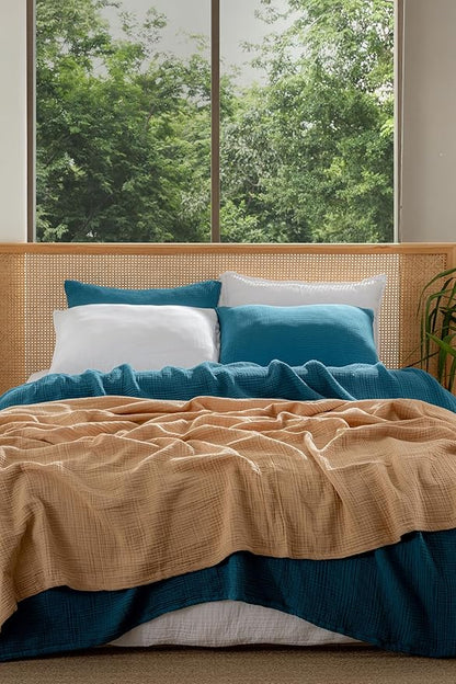 Muslin Blanket - Pure 100% Turkish Cotton Airy Soft Light Versatile Gauze Throw Blanket for Bed, Couch, Sofa (Petrol Blue, King Size (95" x 110" inch))