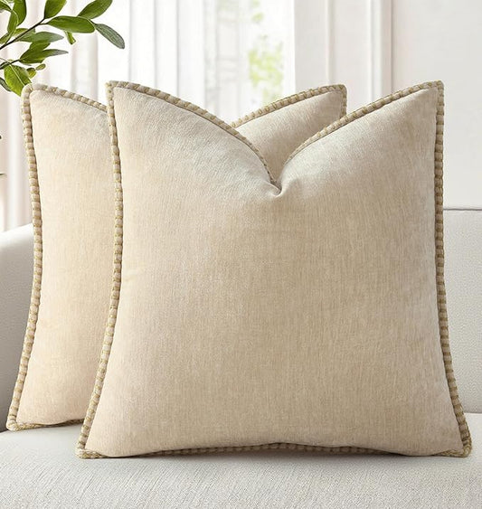 decorUhome Spring Chenille Soft Throw Pillow Covers 20x20 Set of 2, Farmhouse Velvet Neutral Decorative Pillow Covers with Stitched Edge for Couch Sofa Bed Home Decor, Beige