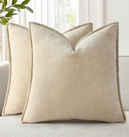decorUhome Spring Chenille Soft Throw Pillow Covers 22x22 Set of 2, Farmhouse Velvet Neutral Decorative Euro Sham Pillow Covers with Stitched Edge for Couch Sofa Bed Home Decor, Beige