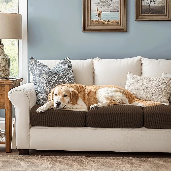 CHUN YI 3Piece Stretch Couch Cushion Covers, Sofa Seat Slipcovers for Pets, Suitable for Armchair Loveseat Sofa with Spandex Jacquard Washable Fabric(3Piece,Chocolate)