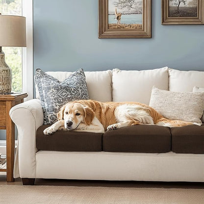 CHUN YI 3Piece Stretch Couch Cushion Covers, Sofa Seat Slipcovers for Pets, Suitable for Armchair Loveseat Sofa with Spandex Jacquard Washable Fabric(3Piece,Chocolate)