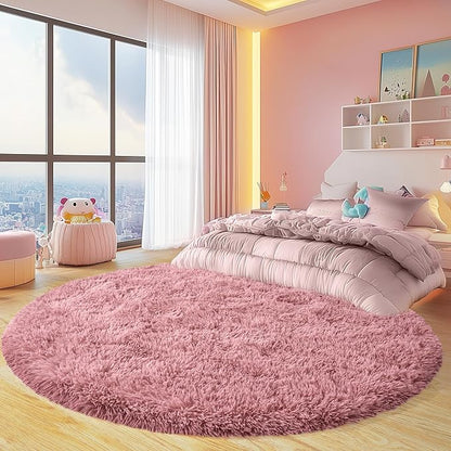 Round Fluffy Rugs 4Ft for Girls Bedroom, Blush Pink Shag Circle Kids Rug Non-Slip for Bedside Dorm Nursery Playroom, Soft Cute Area Rugs for Living Room Decor