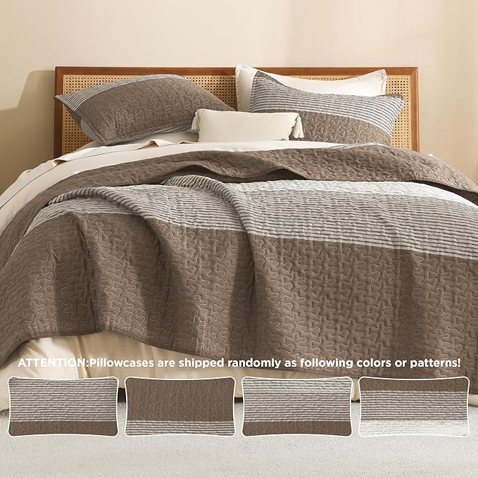 Litanika Oversized King Quilt Set Coffee, 128x120 Stripe Bedspread Coverlet 3 Pieces, Coffee Lightweight Quilted Bedding Set for All Season(Super King Plus-1 Quilt, 2 Pillowcases)