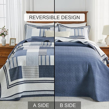 100% Cotton 128"x120" Oversized Quilt Bedspread, Plaid Patchwork California King Extra Large Quilt Bedding Set, Reversible Cal King XL Bed Spread Lightweight Comforter, Blue, 3Pcs