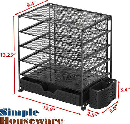 Simple Houseware 5-Tier Document File Tray with Supplies Sliding Drawer and Pen Bucket, Black
