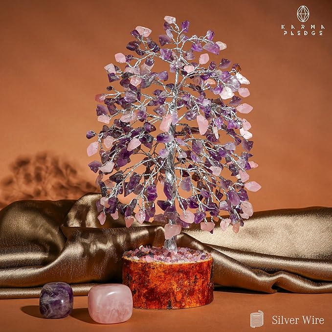 Chakra Healing Crystal Tree of Life for Birthday Gifts for Women, Home and Office Decor for Positive Energy & Good Luck, Spiritual Gifts, Feng Shui Money Trees (Rose, Amethyst Dual Beads)