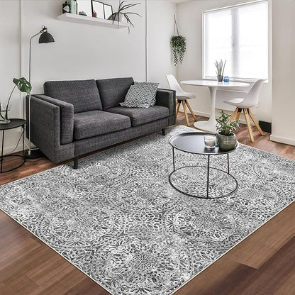 vivorug 5x7 Area Rugs - Ultra-Thin Washable Rug with Non-Slip Backing, Ideal for Living Room, Bedroom, Kitchen Floor Carpet - Vintage Medallion, Easy Clean, Durable, Grey