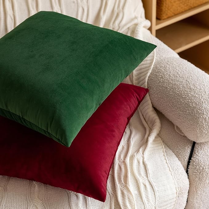 FEVERQIYI 18x18 Velvet Pillow Covers Set of 2 Christmas Red Decorative Square Throw Pillowcase Soft Solid Cushion Covers for Bedroom Living Room Outdoor Indoor Decoration