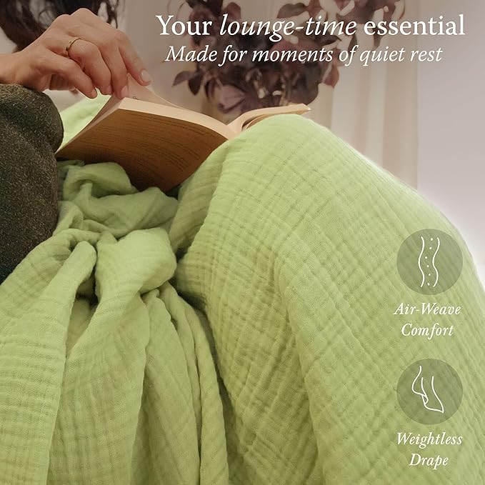 Threadmill King Size Muslin Blanket | 4 Layer Lightweight Gauze for All Seasons | Soft, Breathable, and Cozy Picnic Blankets | Lighweight Summer Blanket Fits Cal King Size Bed | Sage Green