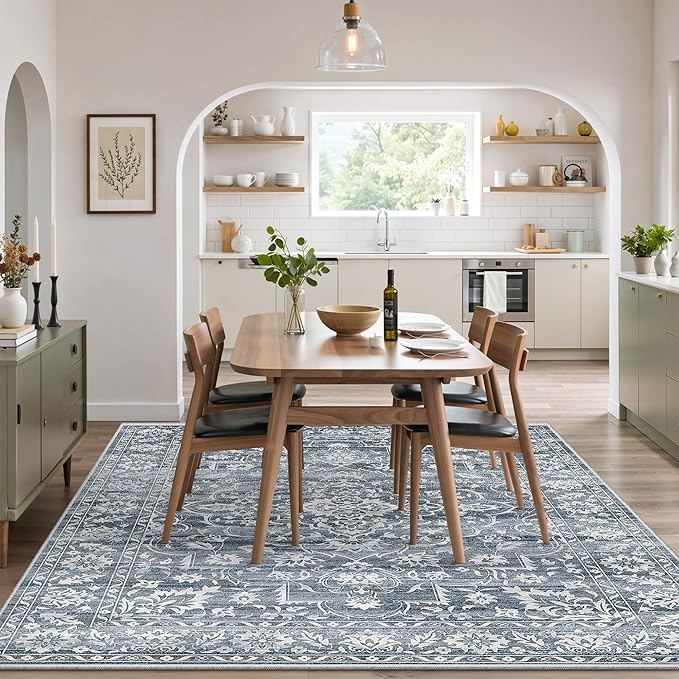 6x9 Area Rugs for Living Room, Stain Resistant Washable Rugs for Dining Room, Floral Vintage Non-Slip Thin Area Rug(Blue, 6'x9')