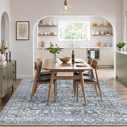 Area Rugs 5x7 for Living Room, Floral Washable Rugs for Dining Room, Bedroom, Kitchen, Vintage Non-Slip Thin Area Rug(Blue, 5'x7')