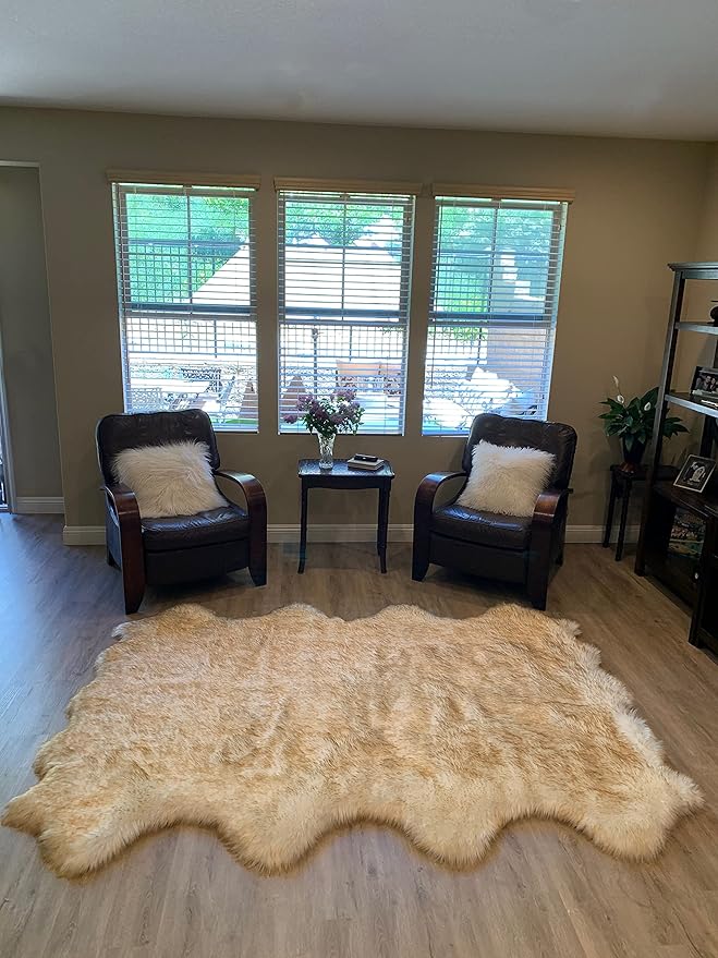 LAMBZY Faux Sheepskin Super Soft Hypoallergenic Silky Shag Rug for Living Room, Kids Room, Sofa (Octo 8 Pelts 6'x8', White/Brown Tips)