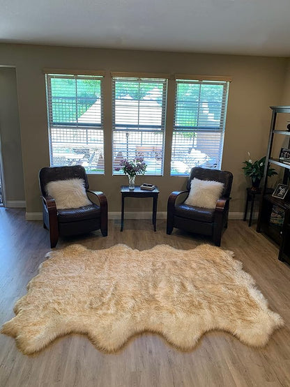 LAMBZY Faux Sheepskin Super Soft Hypoallergenic Silky Shag Rug for Living Room, Kids Room, Sofa (Octo 8 Pelts 6'x8', White/Brown Tips)