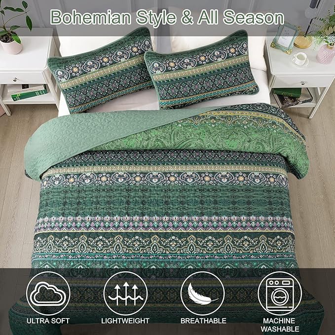 WONGS BEDDING Boho Quilt Queen Size, Green Bohemian Queen Quilt, Lightweight Microfiber Bed Decor Bedspread for All Season 96"x90"(3 Pieces)