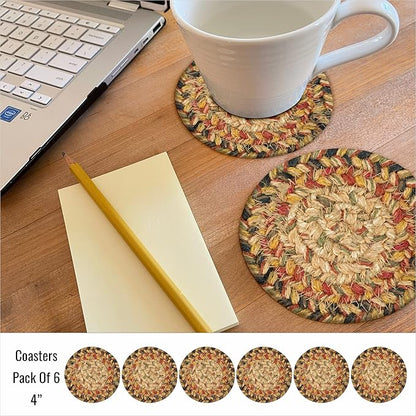 Homespice Kingston Jute Braided Coasters 4", Warm Country Decor, Set of 6, Multicolor - Durable, Absorbs Moisture, Easy to Clean and Protects Furniture