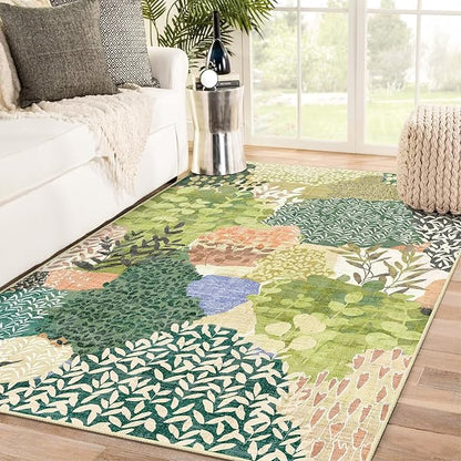 DEXDE Washable Area Rugs 5x7 Tropical Non-Slip Abstract Leaf Floral Boho Soft Rug for Living Room Bedroom Botanical Large Carpet for Entryway Kids Playroom Office,Green