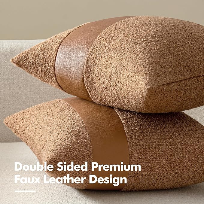 MIULEE Boucle Throw Pillow Covers 18x18 Inch Set of 2 Brown Faux Leather Textured Decorative Pillow Cases Boho Farmhouse Accents Cushion Covers for Couch Bed Livingroom Home Decor