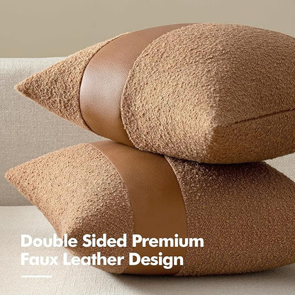 MIULEE Boucle Throw Pillow Covers 18x18 Inch Set of 2 Brown Faux Leather Textured Decorative Pillow Cases Boho Farmhouse Accents Cushion Covers for Couch Bed Livingroom Home Decor