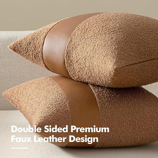 MIULEE Boucle Throw Pillow Covers 18x18 Inch Set of 2 Brown Faux Leather Textured Decorative Pillow Cases Boho Farmhouse Accents Cushion Covers for Couch Bed Livingroom Home Decor