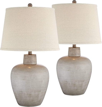 Regency Hill Glenn Rustic Country Cottage Style Table Lamps 27" Tall Set of 2 Southwest Urn Neutral Fabric Drum Shade Decor for Living Room Bedroom House Bedside Nightstand Home Office