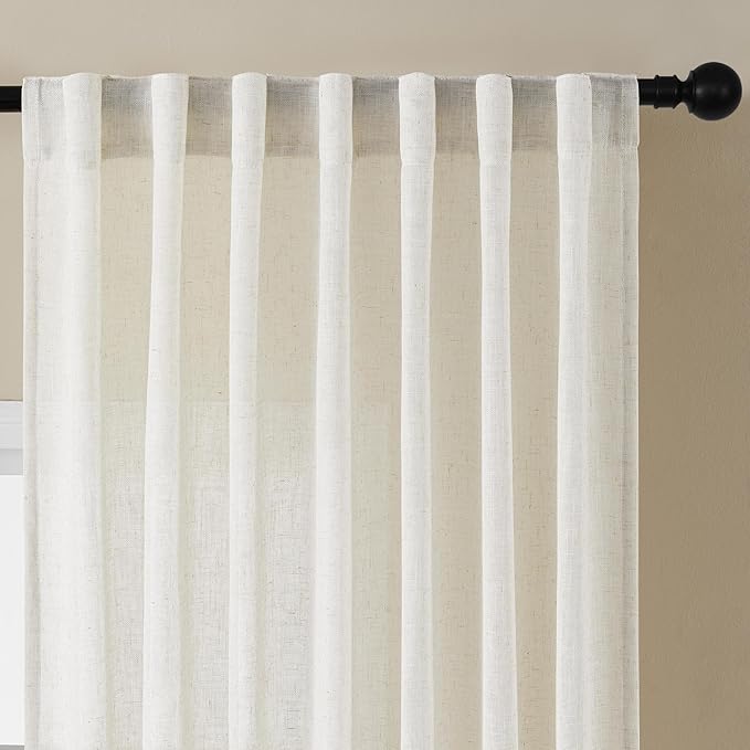 Joydeco Light Filtering Curtains 96 Inch Length for Bedroom, Linen Curtains 96 Inch Length 2 Panels Set for Living Room，White Semi Sheer Drapes 96 Inches Long with Rod Pockets