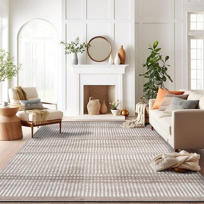 Rugshop Contemporary Stripe Lines High Traffic Living Room,Bedroom,Kitchen, Home Office High Traffic Living Room,Bedroom,Kitchen, Home Office Area Rug 7'10" x 10' Beige