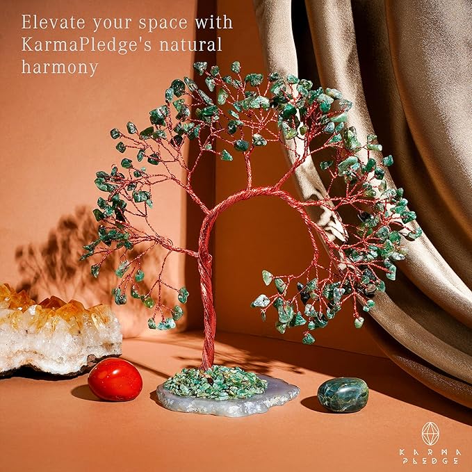 Green Aventurine Crystal Tree of Life, 7 Chakra Healing Crystals Trees, Handcrafted Money Bonsai Tree, Feng Shui Decor, Home and Office Desk Decoration for Positive Energy & Wealth, Spiritual Gifts