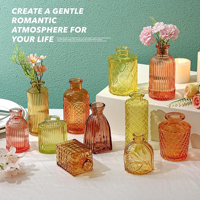Colored Glass Vases Bulk 32 Pcs - Assorted Vintage Bud Vases for Wedding Centerpieces, Rustic Embossed Glass Bottles for Table Decor, Home Floral Arrangements with Gold Series (2-6 Inch)