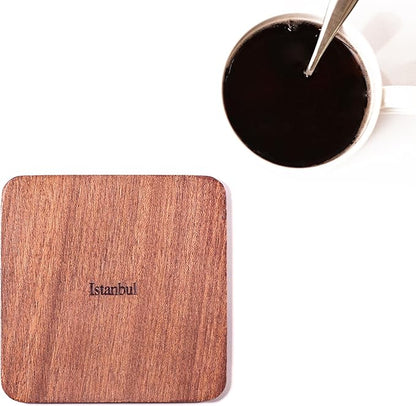 Istanbul Map Coaster by O3 Design Studio, Set Of 4, Sapele Wooden Coaster With City Map, Handmade