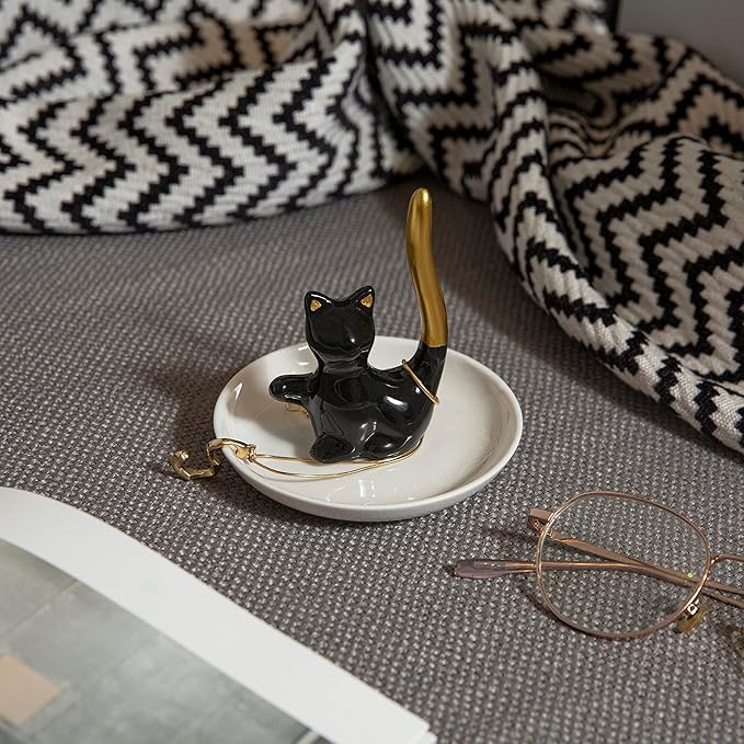 Cat Ring Holder Ceramic Jewelry Dish - Trinket Tray for Earrings and Organizer - Funny Themed Gifts for Cat Mom, Lovers, Birthday Gifts for Women