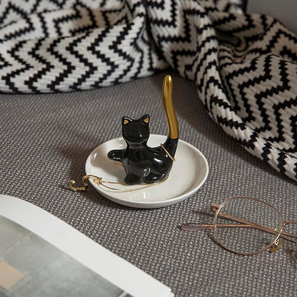 Cat Ring Holder Ceramic Jewelry Dish - Trinket Tray for Earrings and Organizer - Funny Themed Gifts for Cat Mom, Lovers, Birthday Gifts for Women