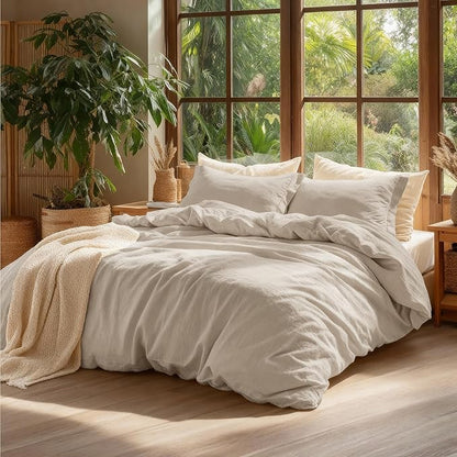 Bedsure 100% Washed Cotton Duvet Cover Twin - Oatmeal Minimalist Cotton Duvet Cover Linen Like for All Seasons - GentleSoft™ Plain Simple Bedding (Oatmeal, Twin, 68"x90")