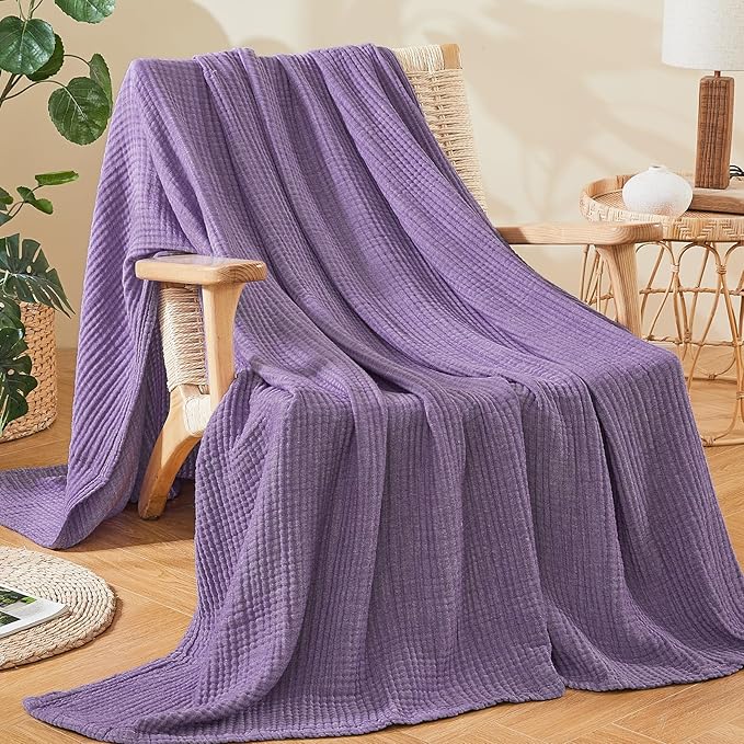 EMME Cotton Muslin Queen Blanket Bed Layering Breathable Gauze Blanket Soft Lightweight Blankets Adults (Purple, 90"x90")