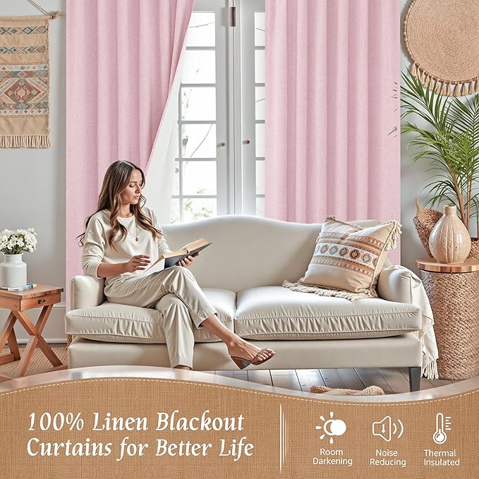 LAMIT Full Blackout Window Curtains for Baby Girl Bedroom, 54 Inches Thermal Farmhouse Curtains Back Tab and Rod Pocket Privacy Protected Panels with White Liner, 2 Panels, 52 x 54 Inch, Pink