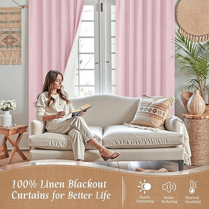 LAMIT Full Blackout Window Curtains for Baby Girl Bedroom, 54 Inches Thermal Farmhouse Curtains Back Tab and Rod Pocket Privacy Protected Panels with White Liner, 2 Panels, 52 x 54 Inch, Pink