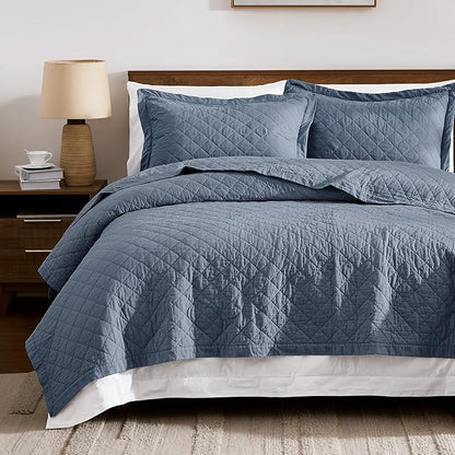 WDCOZY 100% Pre-Washed Cotton Queen Size Quilt Set - Dusty Blue Ruffle Box Soft Lightweight Bedspread, Textured Like Linen, Farmhouse Country Rustic Coverlet, Shabby Chic Gauze Bedding, 3 Pieces