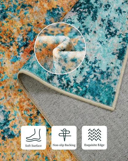 9x12 Area Rug for Living Room - Washable Rugs Modern Abstract Neutral Soft Rug for Bedroom Dining Room No Slip Low Pile Carpet for Nursery Home Office - Teal/Orange