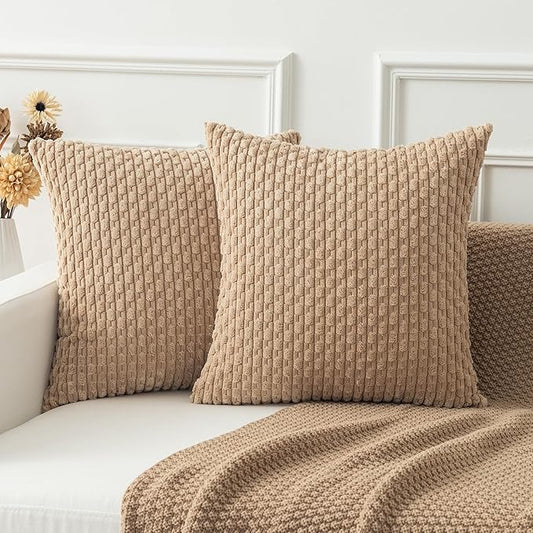 Kevin Textile Pack of 2 Tan Corduroy Decorative Throw Pillow Covers 16x16 Inch Soft Boho Striped Pillow Covers Modern Farmhouse Home Decor for Autumn Sofa Living Room Couch Bed