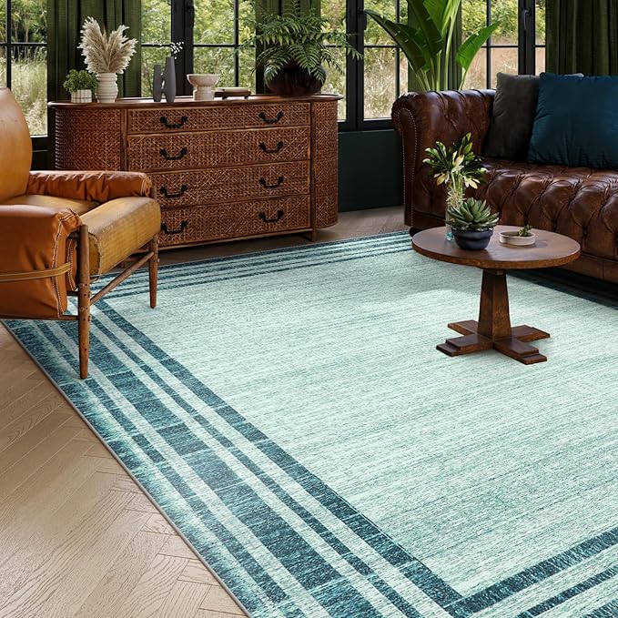 Lahome Abstract 9x12 Area Rug for Living Room, Washable Teal Rugs for Living Room Low-Pile Bedroom Rug, Minimalist Border Stain Resistant Large Room Carpet for Dining Room Kids Playroom