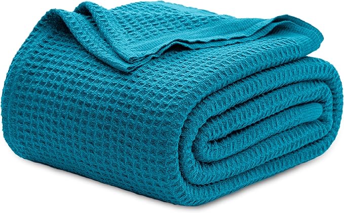 Bedsure Gentlesoft 100% Cotton Blanket Queen Size for Bed - Breathable and Soft, Thick Cozy Waffle Weave Christmas Blanket Gift for Women, Teal, 90x90 Inches