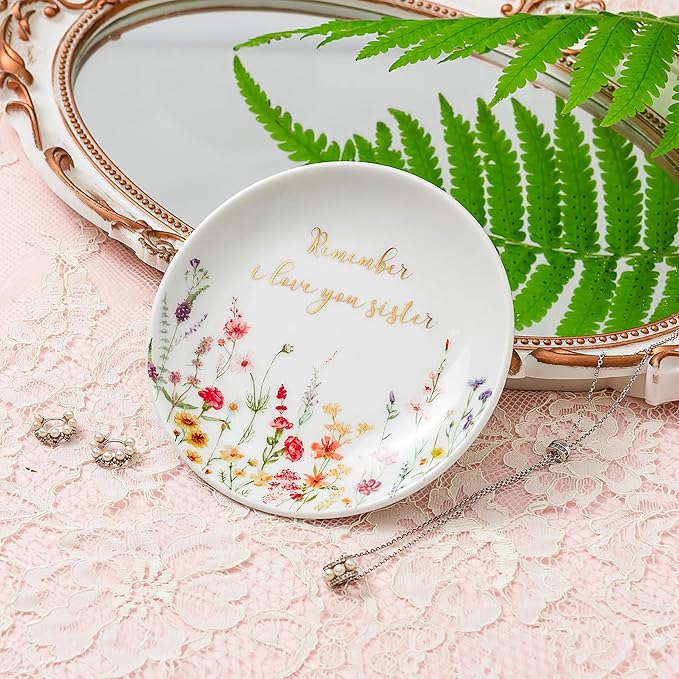 Crisky Jewelry Ring Dish for Sister Birthday Gifts, Thinking of You Gift for Sister Thanksgiving Day Christmas Graduation Gift Ideas (I Love You Sister) Floral Thrinket Tray