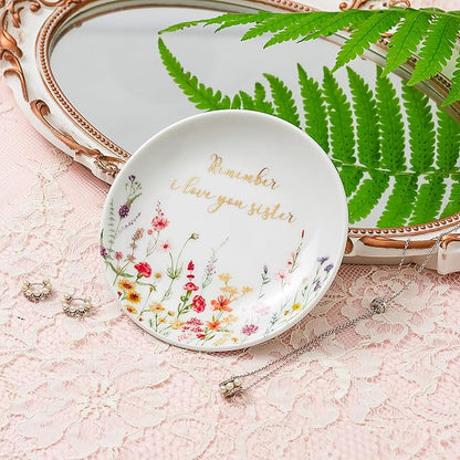 Crisky Jewelry Ring Dish for Sister Birthday Gifts, Thinking of You Gift for Sister Thanksgiving Day Christmas Graduation Gift Ideas (I Love You Sister) Floral Thrinket Tray