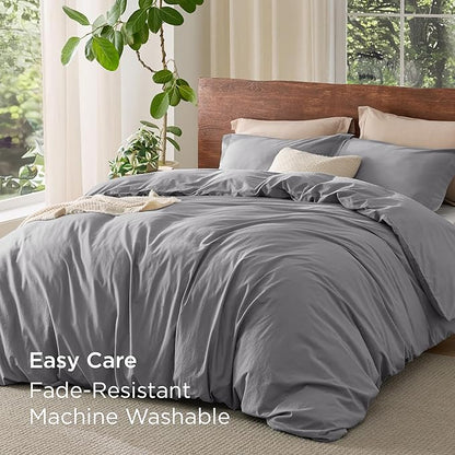 Bedsure 100% Washed Cotton Duvet Cover King Size - Grey Minimalist Cotton Duvet Cover Linen Like for All Seasons - GentleSoft™ Plain Simple Bedding, 3 Pieces (Grey, King, 104"x90")