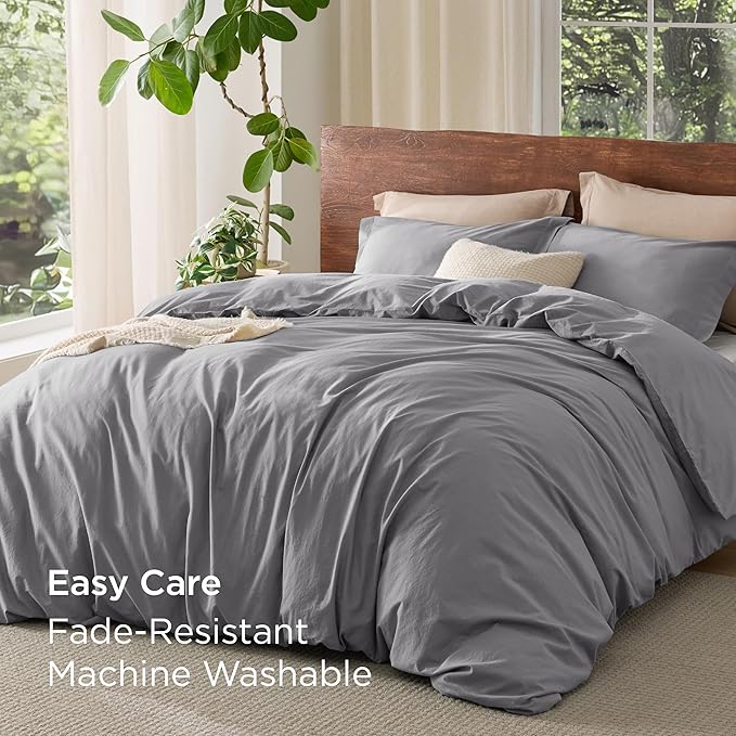 Bedsure 100% Washed Cotton Duvet Cover Queen Size - Grey Minimalist Cotton Duvet Cover Linen Like for All Seasons - GentleSoft™ Plain Simple Bedding, 3 Pieces (Grey, Queen, 90"x90")