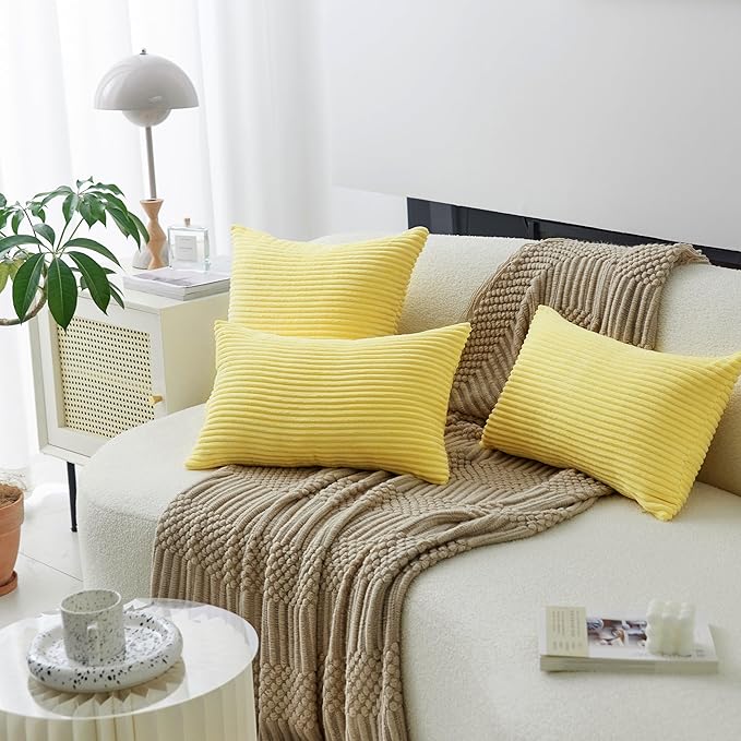 Home Brilliant Yellow Pillow Covers Striped Velvet Corduroy 2 Pack Decorative Throw Pillow Covers for Couch Sofa Bed Winter Decor, 18x18 inch, Sundress