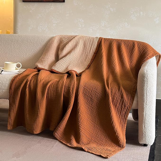 FALUCA Cotton Muslin Reversible Blanket 50x60 Inches for Bed, Couch, Four Layers Blanket, Soft Lightweight Cozy Breathable Farmhouse Decoration for All-Season, Camel