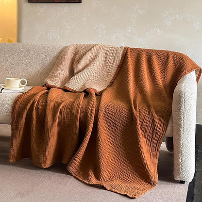FALUCA Cotton Muslin Reversible Blanket Queen Size for Bed, Couch, Four Layers Blanket, Soft Lightweight Cozy Breathable Farmhouse Decoration for All-Season, Camel